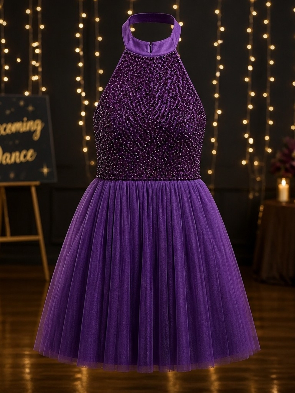 Homecoming Luxurious Heavyweight Beaded Halter Purple Tulle Cocktail Dress 4041